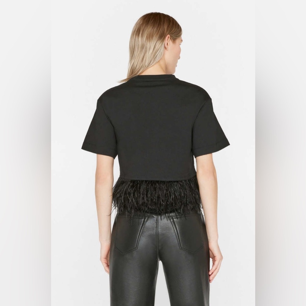 NWT $398 Frame Ostrich Feather Trim Crop T-Shirt In Noir - Picture 3 of 6